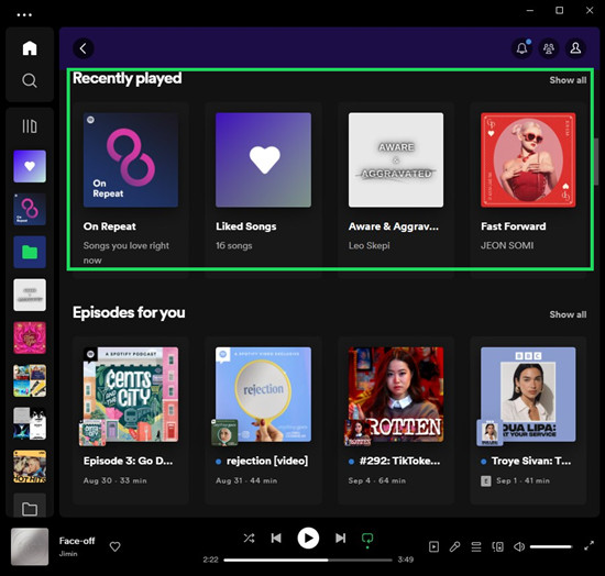 spotify desktop recently played
