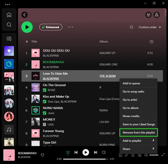 spotify desktop remove from enhanced playlist