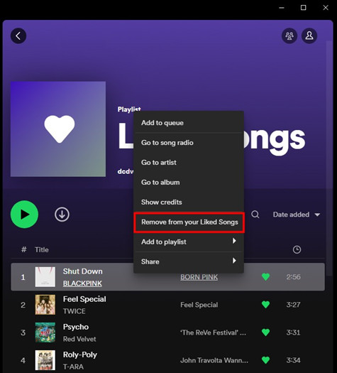 spotify desktop remove from your liked songs