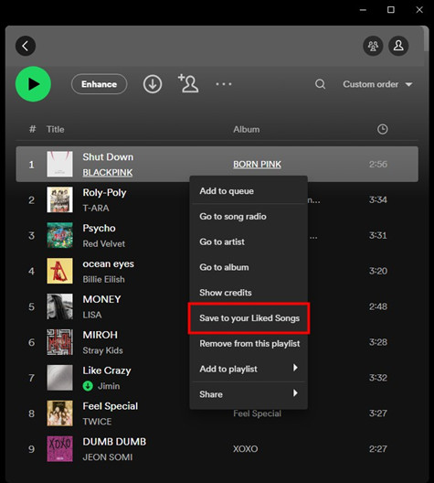 spotify desktop save to your liked songs
