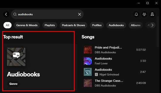 spotify desktop search for audiobooks