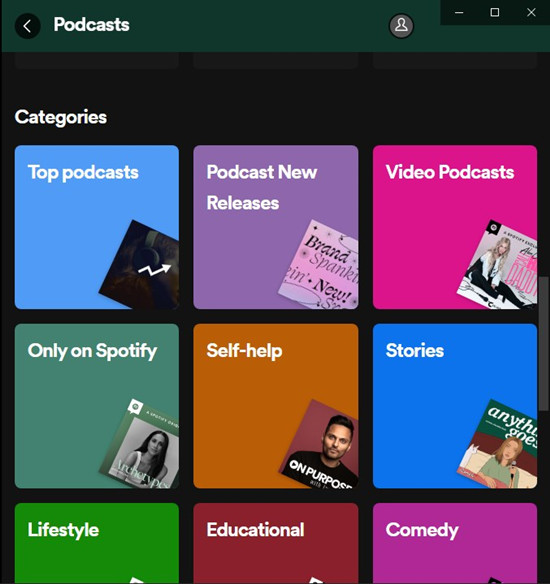 spotify desktop search podcasts categories