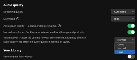 spotify desktop settings audio quality volume level loud