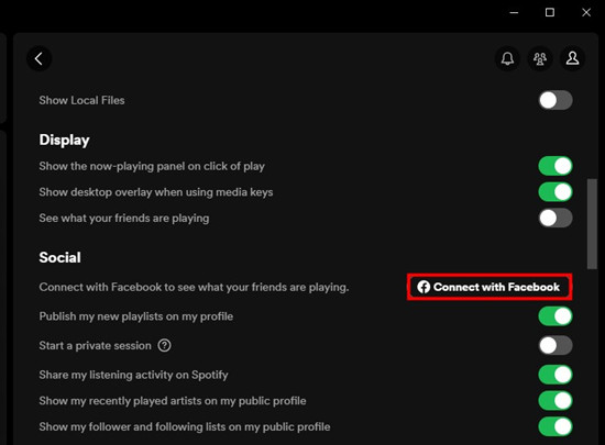 spotify desktop settings connect with facebook