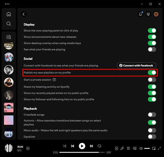 spotify desktop settings social publish my new playlists on my profile