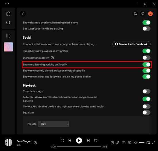spotify desktop settings social share my listening activity on spotify