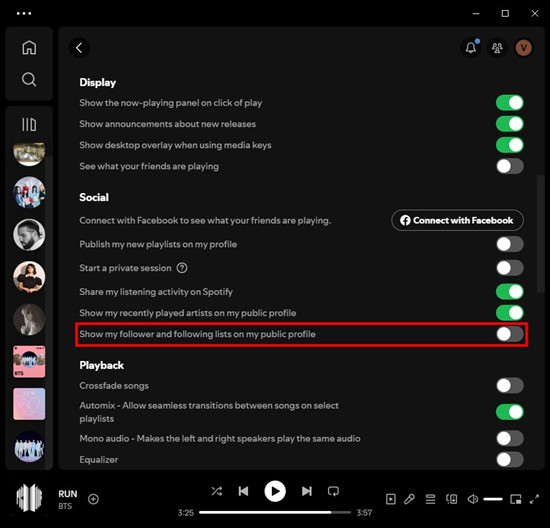 spotify desktop settings social show my follower and following lists