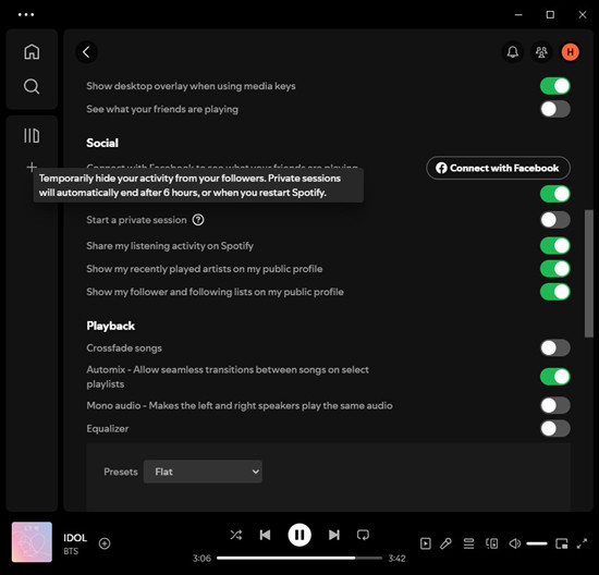 spotify desktop settings social start a private session