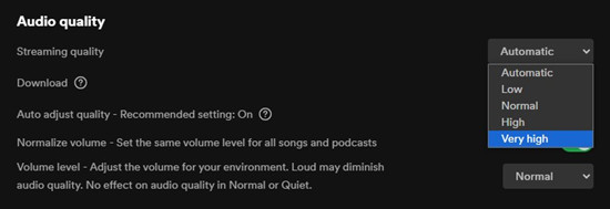 spotify desktop settings streaming audio quality very high