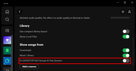 spotify desktop show songs from source off