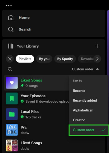 spotify desktop your library playlist sort by custom order