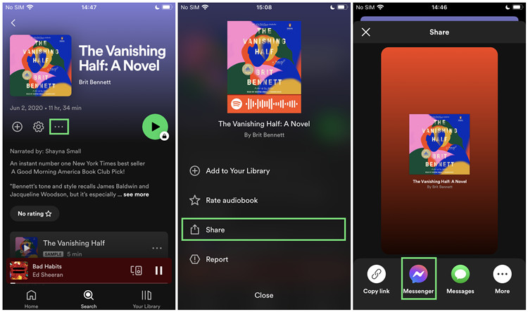 spotify mobile aduiobook share messenger