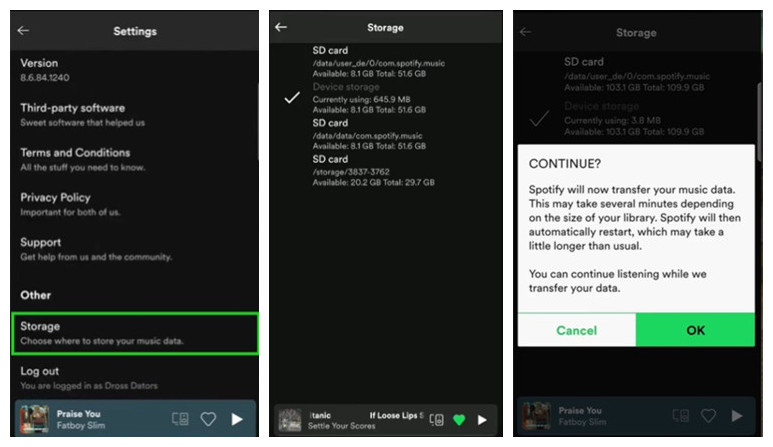 spotify mobile android settings storage sd card