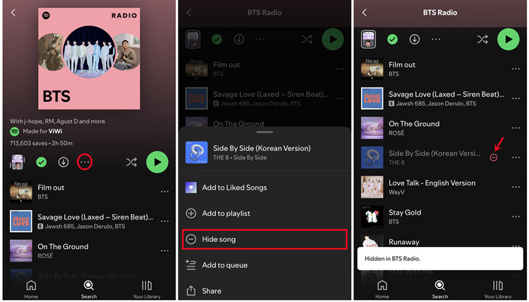 spotify mobile artist radio hide song