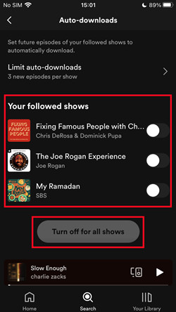 spotify mobile auto download turn off for speicific all shows