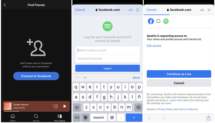 spotify mobile connect with facebook log in