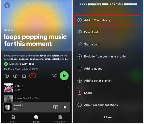 spotify mobile daylist add to library