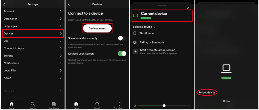 spotify mobile devices menu forget device