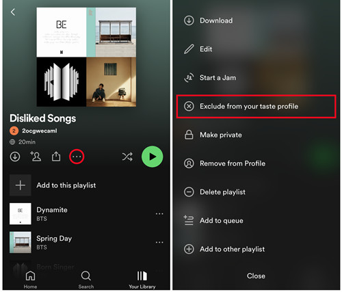 spotify mobile exclude from your taste profile