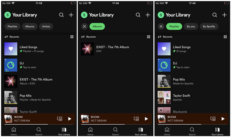 spotify mobile filter your library