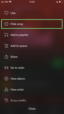 spotify mobile hide song