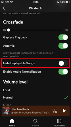 spotify mobile hide unplayable songs off
