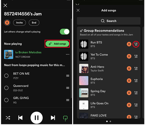 spotify mobile jam session add songs