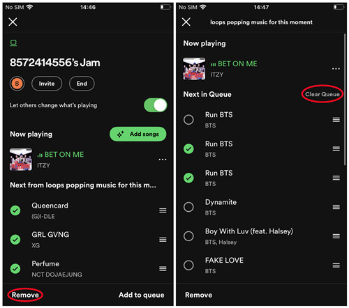 spotify mobile jam session remove songs