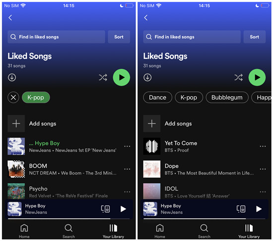spotify mobile liked songs disable genre mood filter