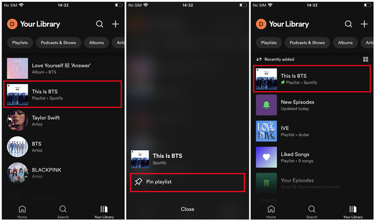 spotify mobile pin playlists