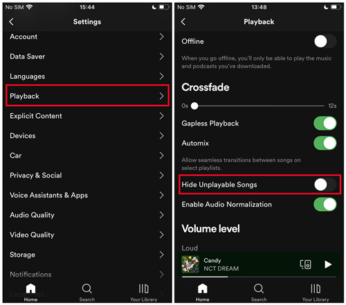 spotify mobile playback hide unavailable songs off