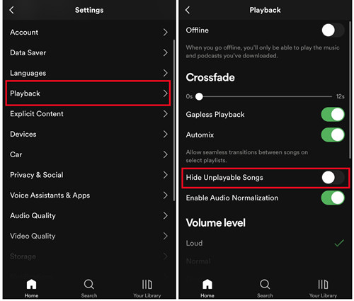 spotify mobile playback hide unplayable songs