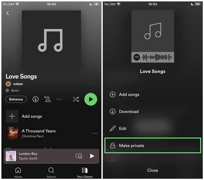 spotify mobile playlist make private