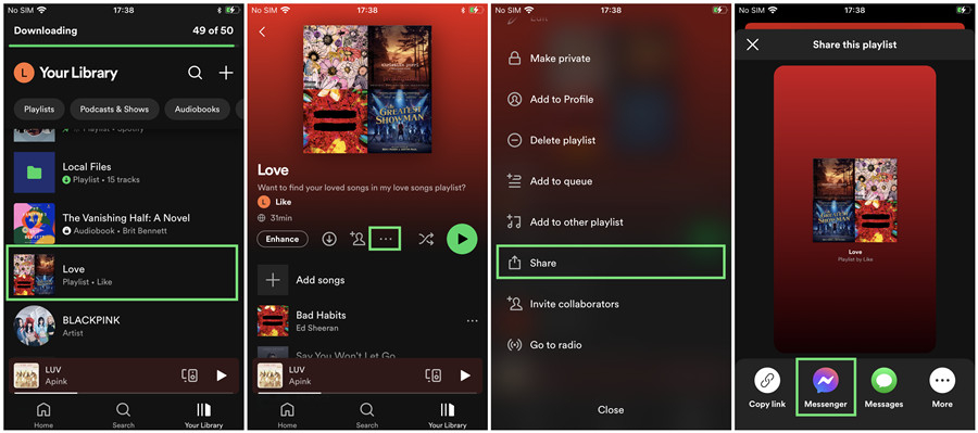 spotify mobile playlist share messenger