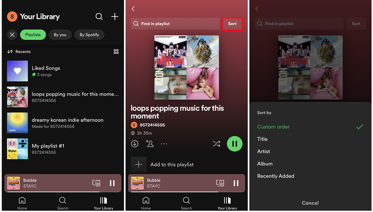 spotify mobile playlist sort