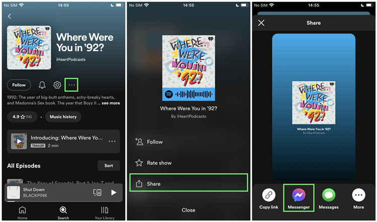 spotify mobile podcast share messenger