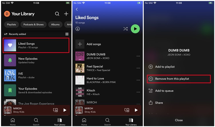 spotify mobile remove liked songs