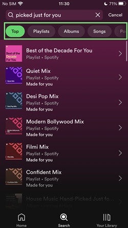 spotify mobile search picked just for you options