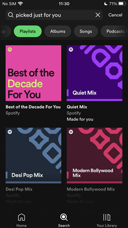 spotify mobile search picked just for you playlists