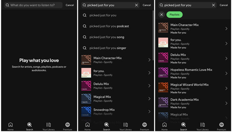 spotify mobile search picked just for you playlists