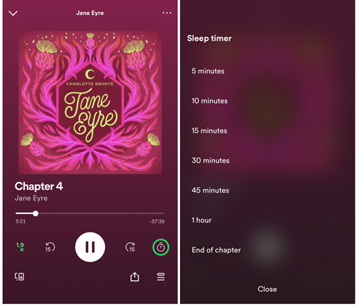 spotify mobile set sleep timer for audiobook