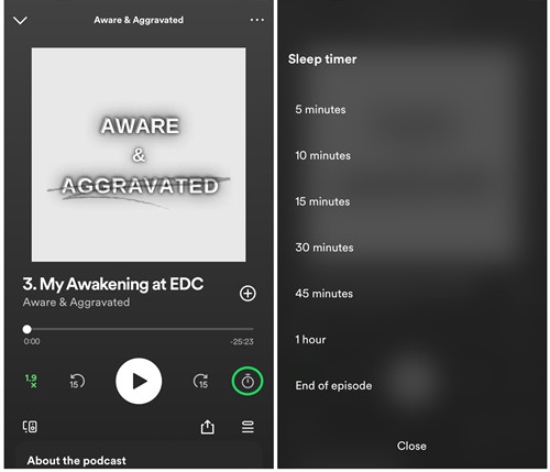 spotify mobile set sleep timer for podcast