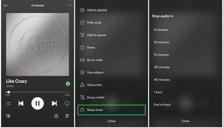 spotify mobile set sleep timer for song