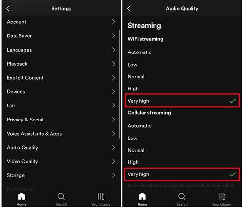 spotify mobile settings audio quality streaming very high