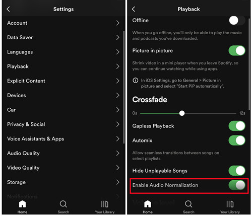 spotify mobile settings playback enable audio normalization