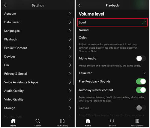 spotify mobile settings playback volume level loud