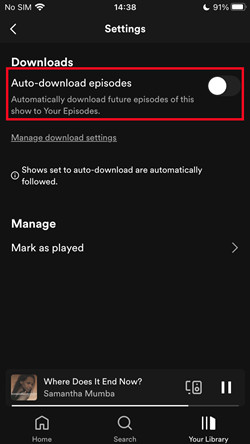 spotify mobile shows auto download turned on