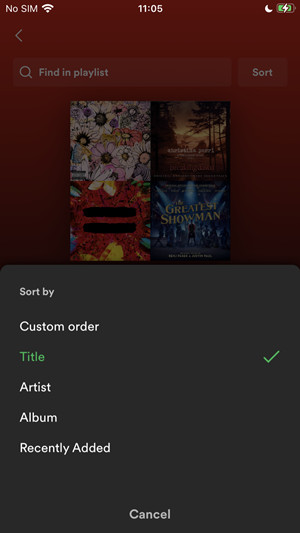 spotify mobile sort options