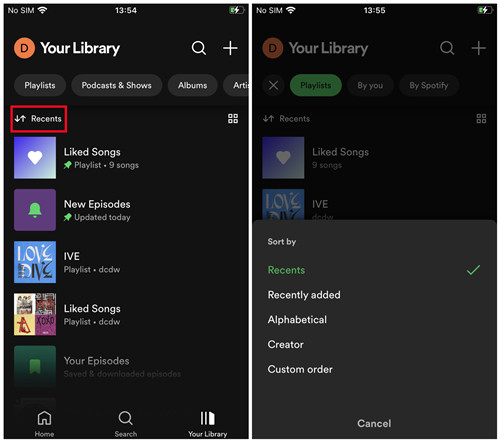 spotify mobile sort playlists