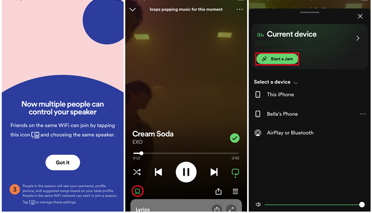 spotify mobile start a jam from speaker icon